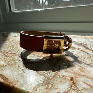 Tory Burch Orange Leather Cuff Watch with Gold Tone Buckle